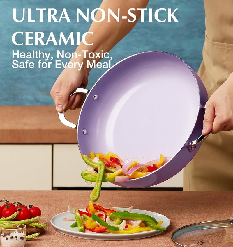 KOCH SYSTEME CS Saute Pan with Lid, 12 Inch Deep Frying Pan, Toxin-Free Ceramic Nonstick Saute Pan with Lid – Large Scratch-Resistant Deep Fry Pan 5.5QT, Oven Safe, Induction Compatible, Purple - Image 2